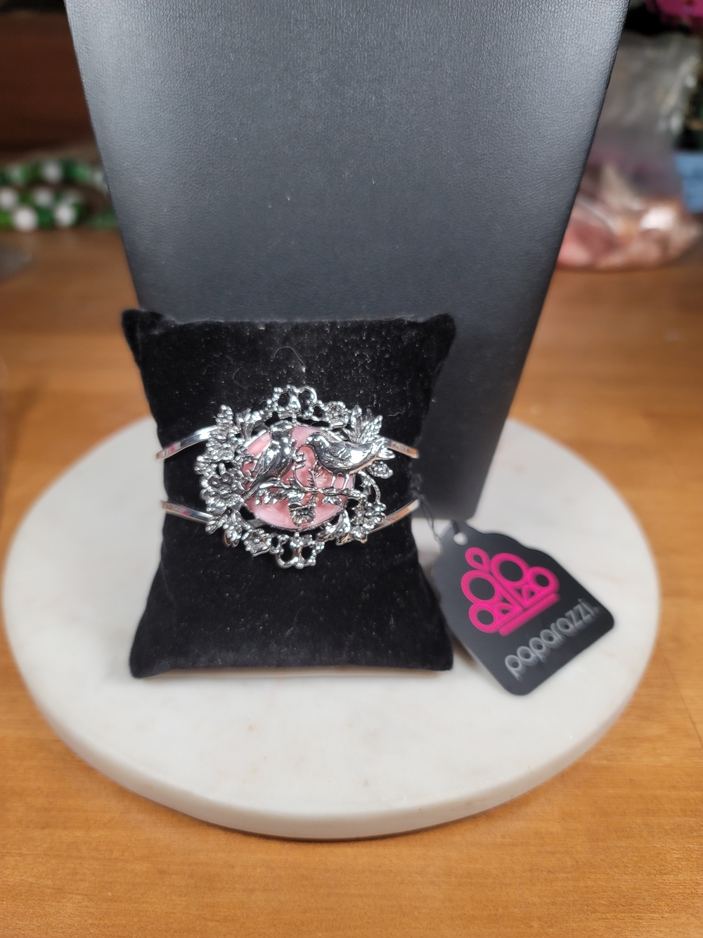 paparazzi Silver-Tone Pink Enamel Bird & Floral Hinged Cuff Bracelet